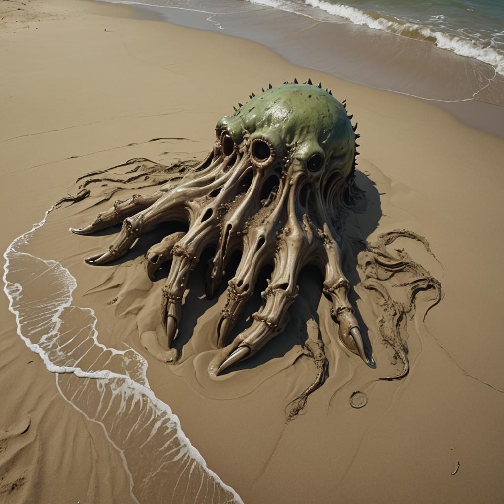 Giant Decaying Hand Emerges on Beach: Lovecraftian Horror