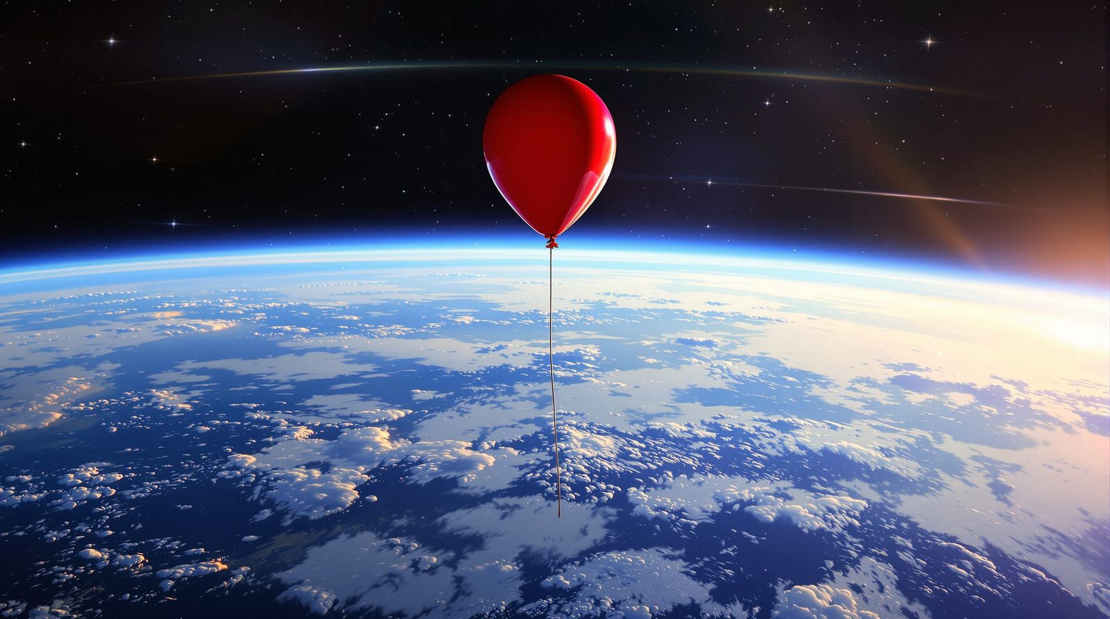Red Balloon Floats Above Earth at Edge of Space