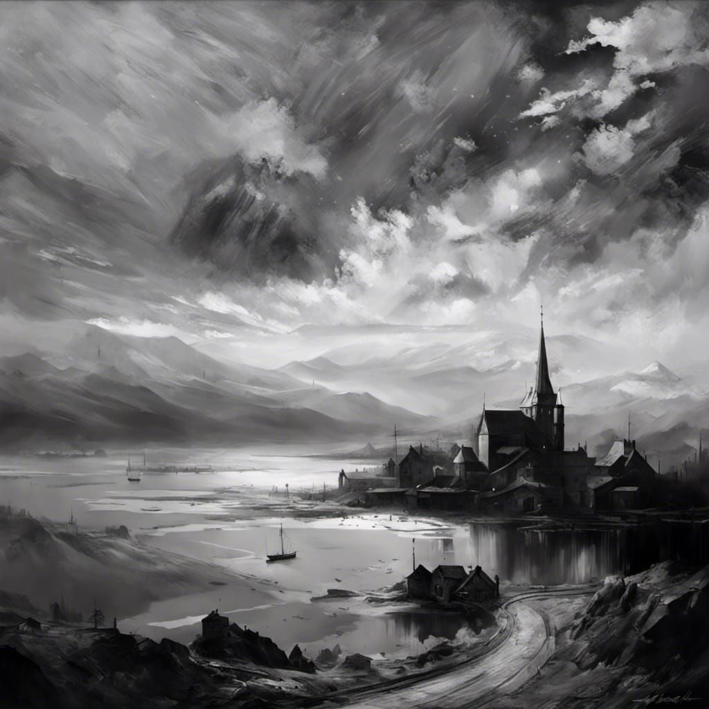 Ethereal Medieval Seaside Village in Monochrome