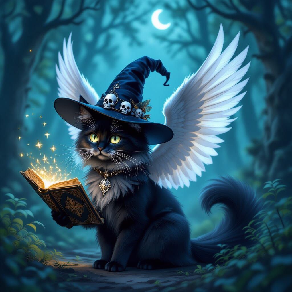 Cat Witch with Angelic Wings in Enchanted Forest