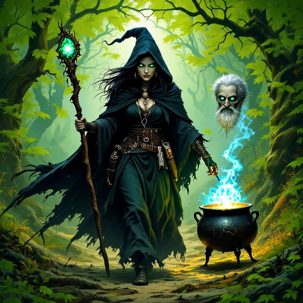Witch in Dungeons and Dragons Style Forest