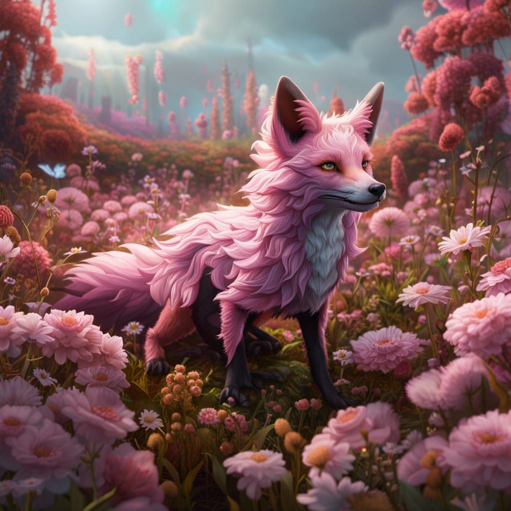 Pink Dragon-Fox in a Flower Field: Fantasy Art