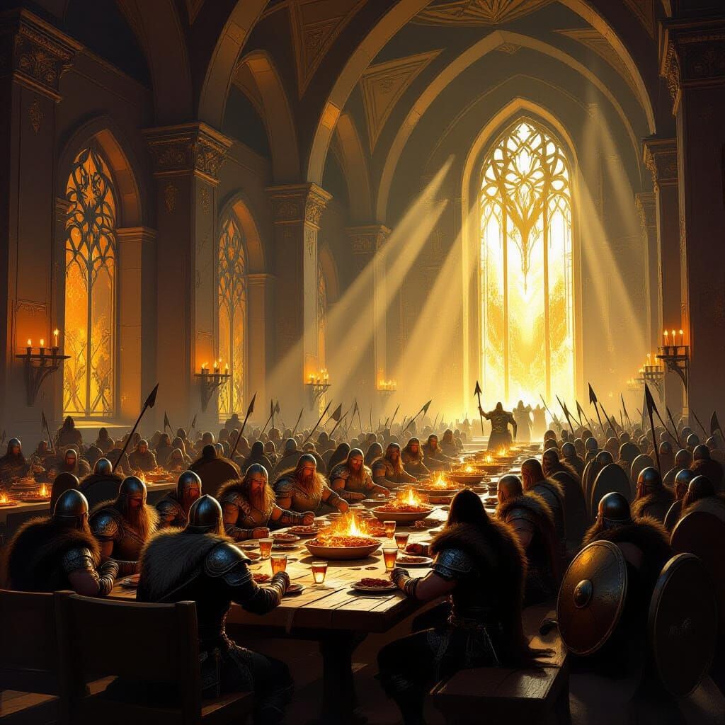 Majestic Valhalla Hall with Feasting Norse Warriors