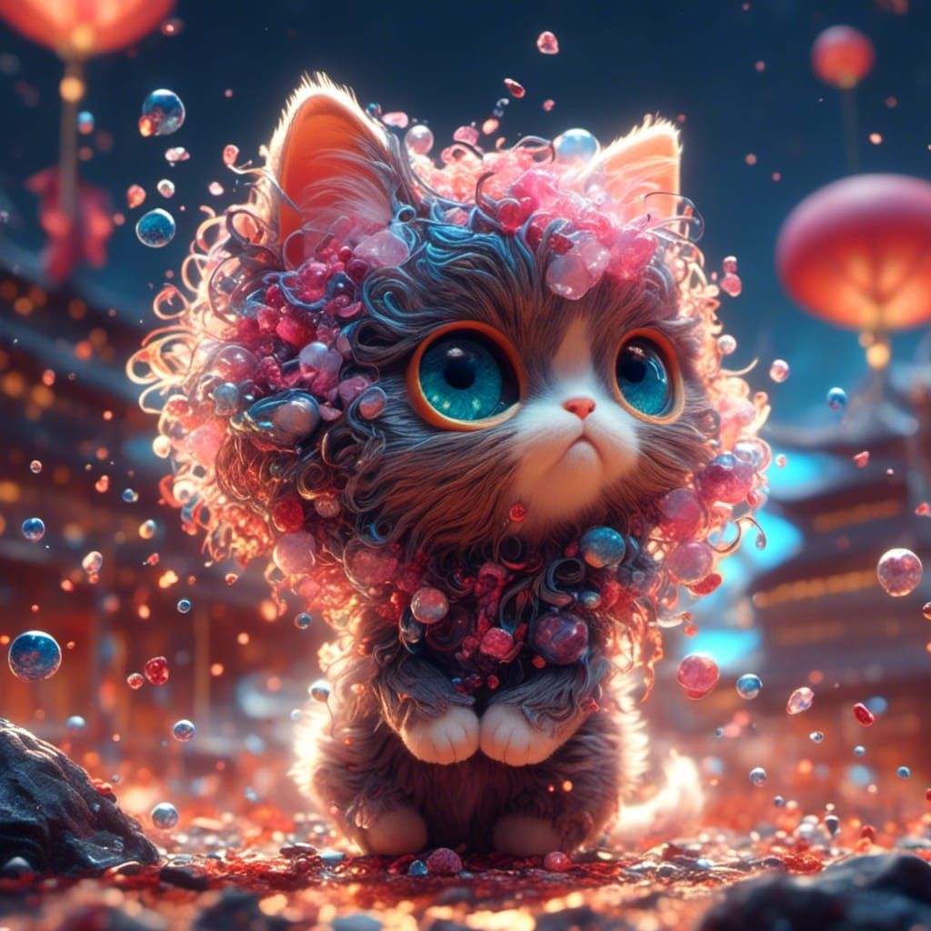 Crying Eyes: Adorable Japanese Fluffy-Cat, Digital Art