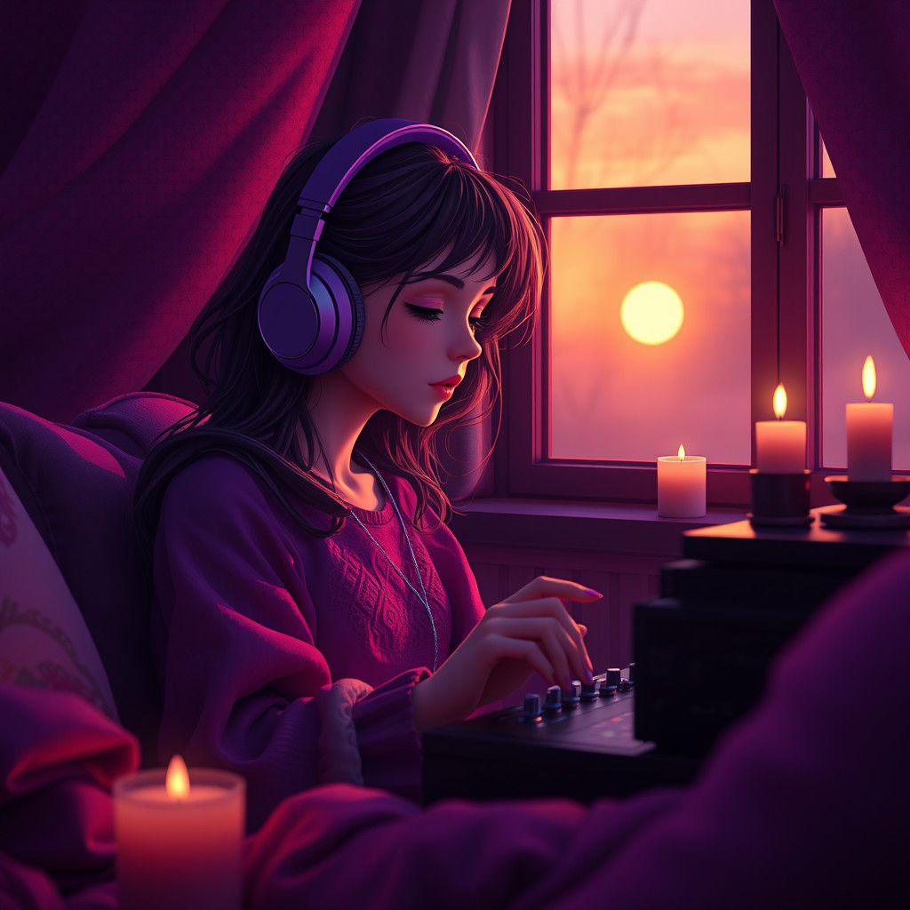 Lofi Girl Immersed in Purple Hues as Matte Painting
