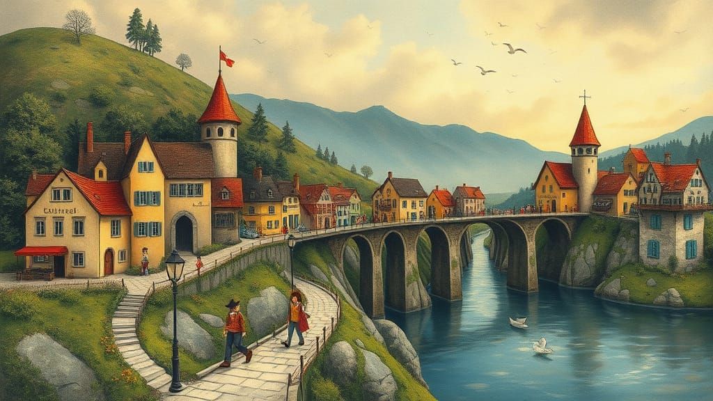 Vibrant Whimsical Villages Connected by a Majestic Bridge