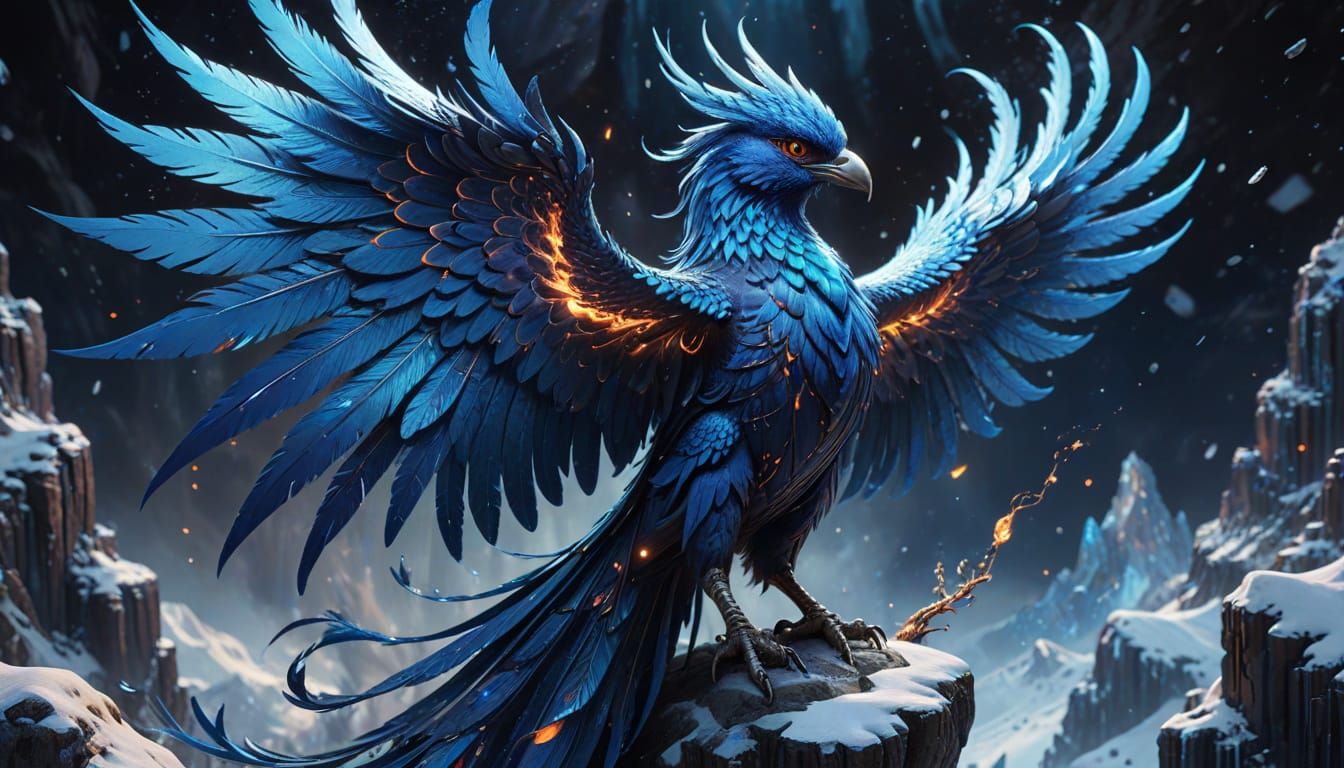 Majestic Blue Firebird Phoenix on Snowy Mountain