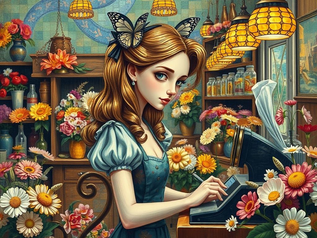 Whimsical Florist Shop Scene in Dreamlike Patchwork Style