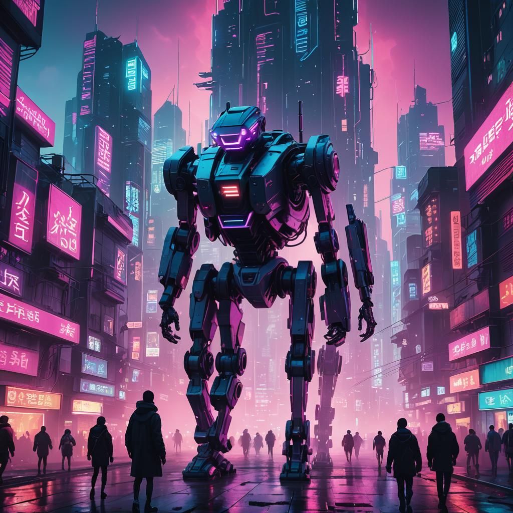 Cyberpunk Cityscape with Neon Reflections and Robots