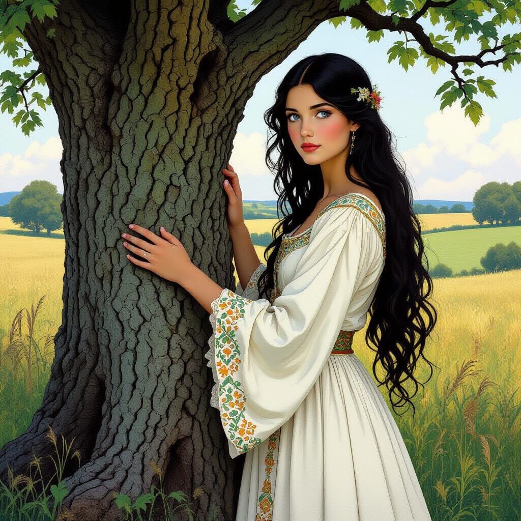 Medieval Woman with Celtic Dress in Art Nouveau Style