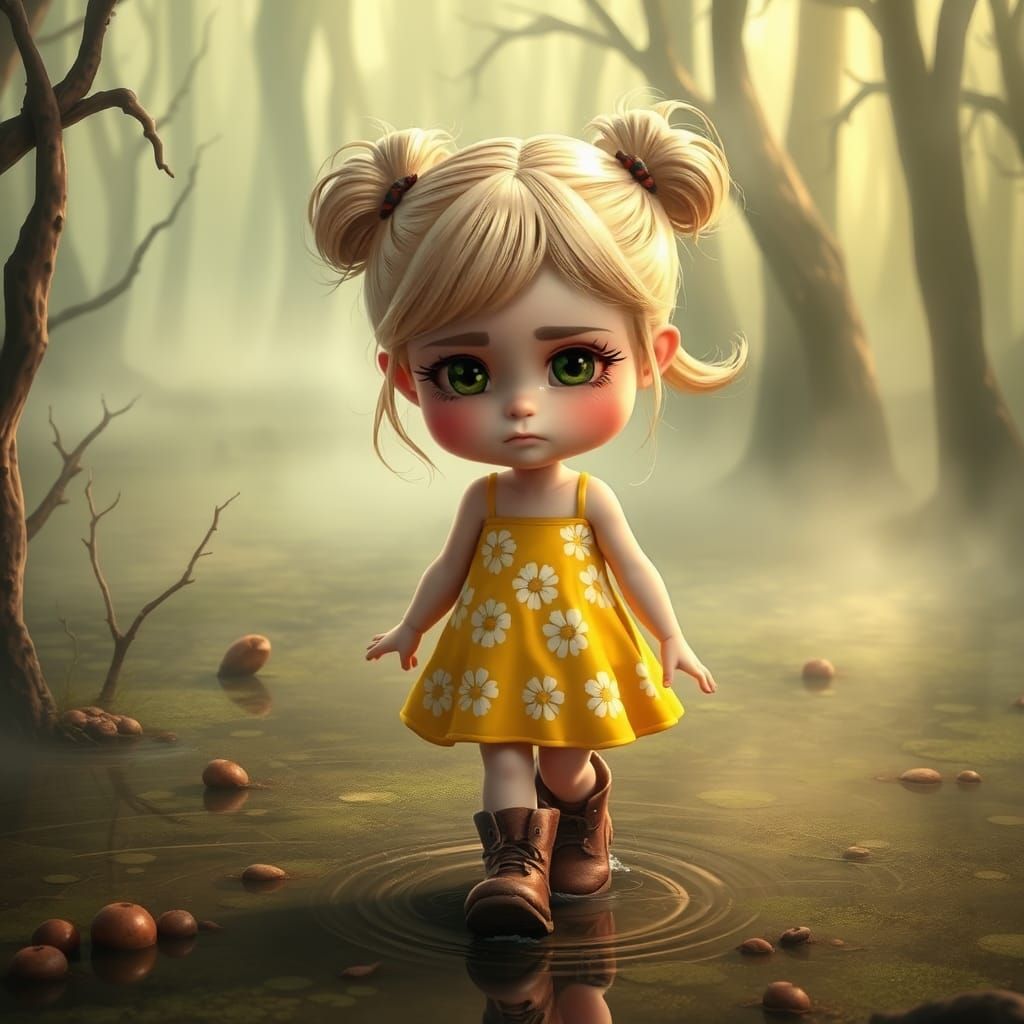 Girl in Swamp with Abstract Fractal Zentangle Designs