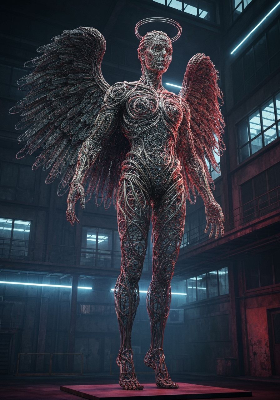 Industrial Wire Angel in Dark Surreal Style