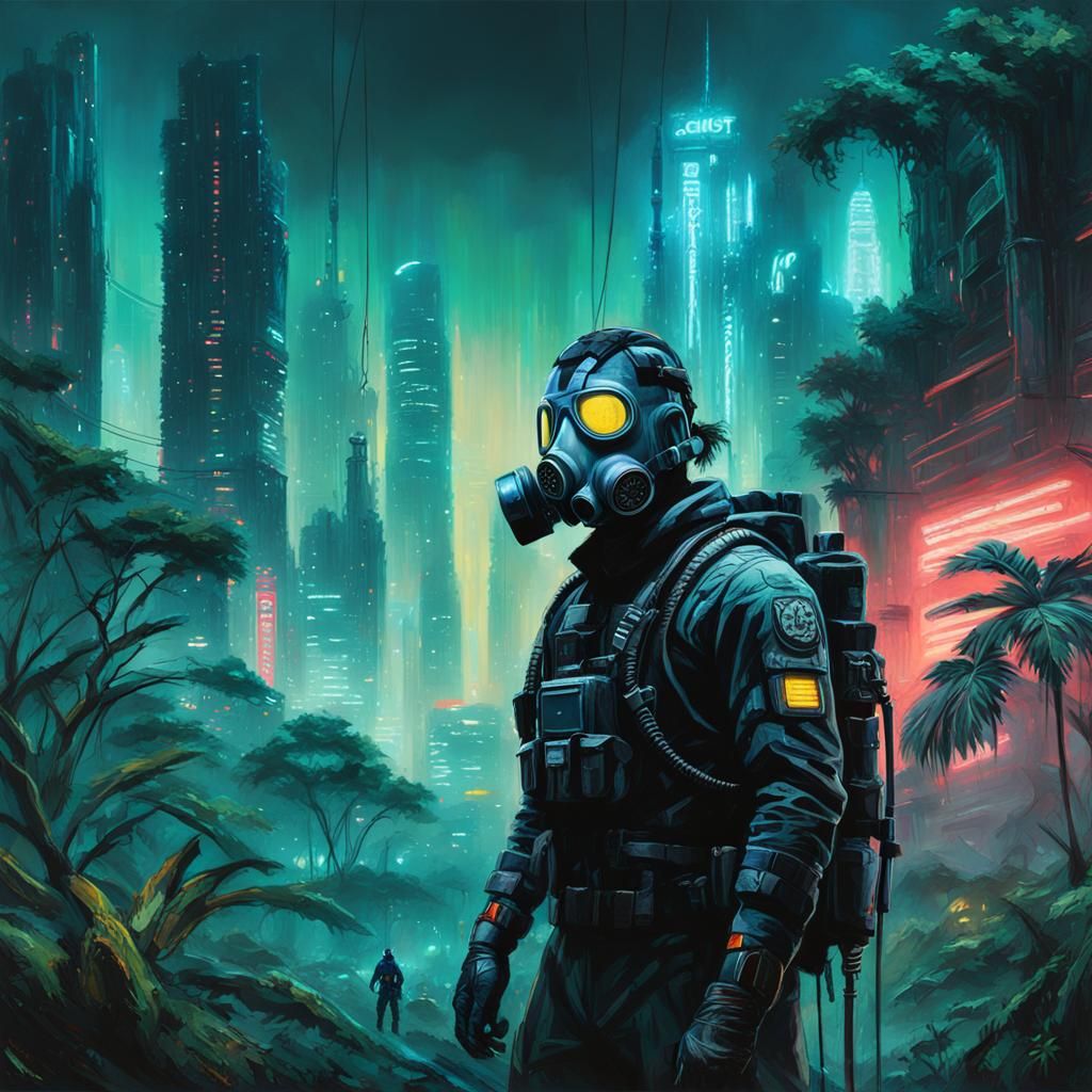 Cyberpunk Soldier in Jungle Metropolis