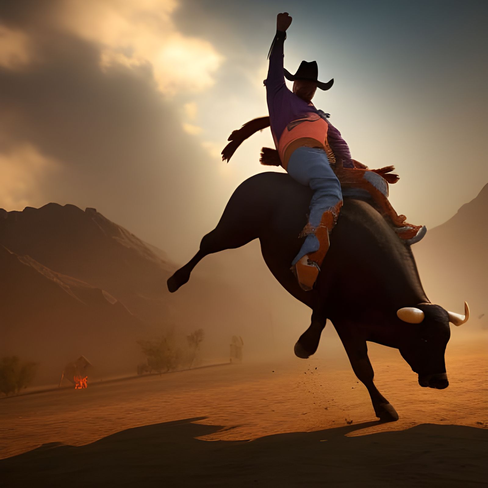 Cowboy Rides Bull: Detailed Matte Painting