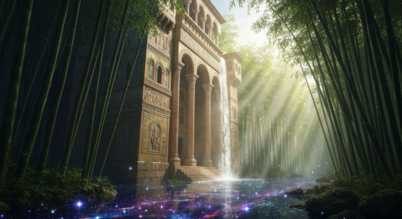 Byzantine Palace in Bamboo Forest with Cosmic Waterfall