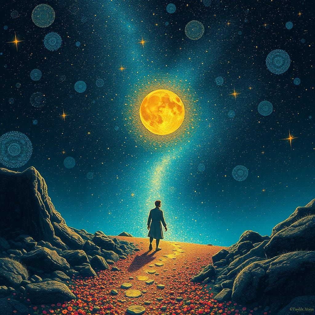 Ancient Wisdom on a Difficult Path in Pointillist Style