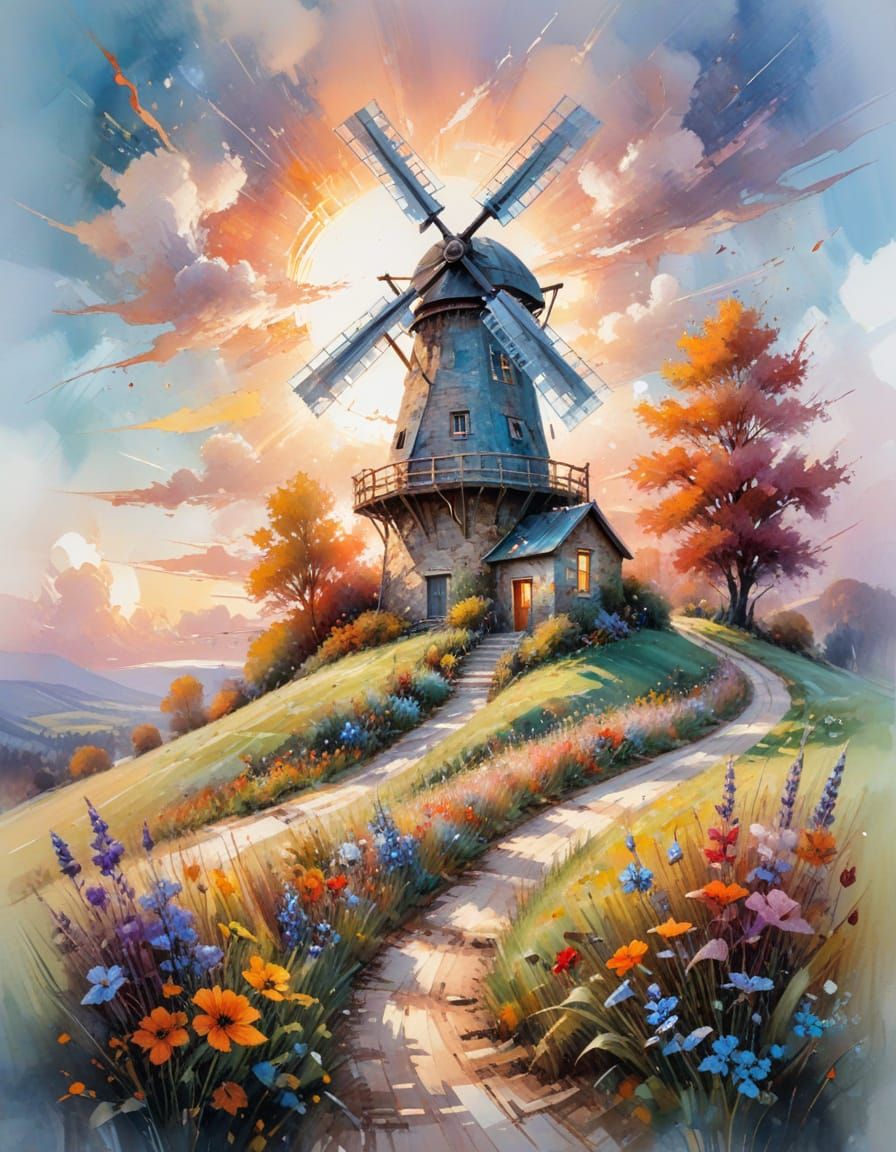 Autumn Windmill Landscape in Expressionist Oil Painting Styl...