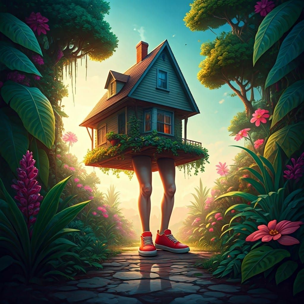 Whimsical House with Shoes in Hyperrealistic Splash Art