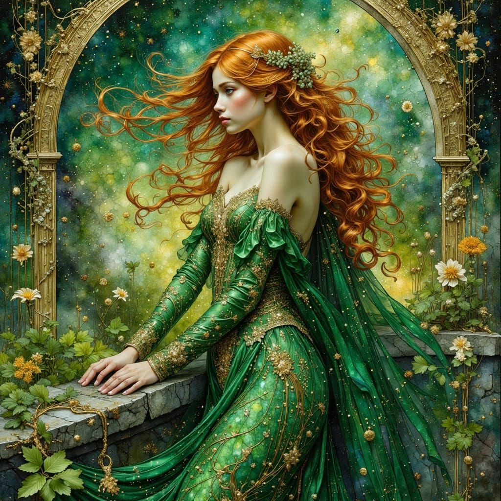 Princess in Bioluminescent Forest, Art Nouveau Style