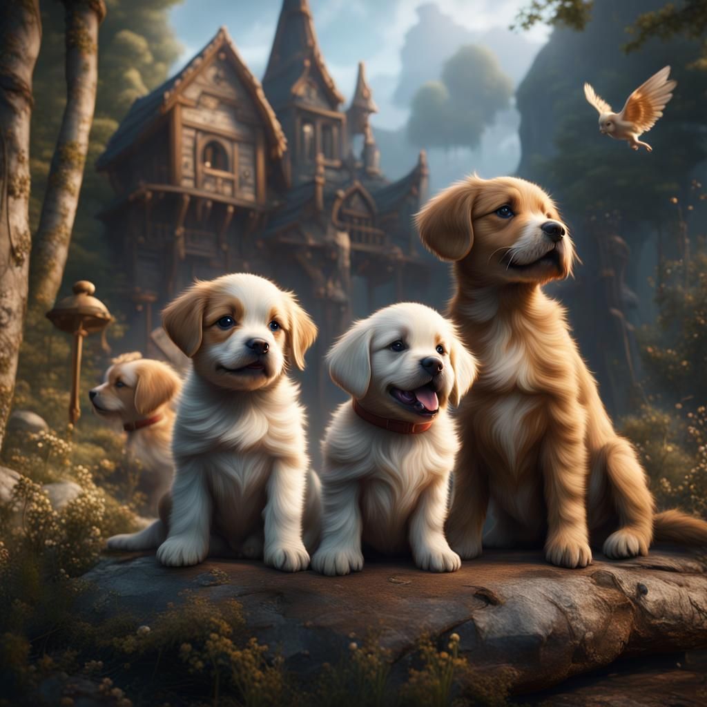 Fantastical Puppies in Detailed Matte Painting Style
