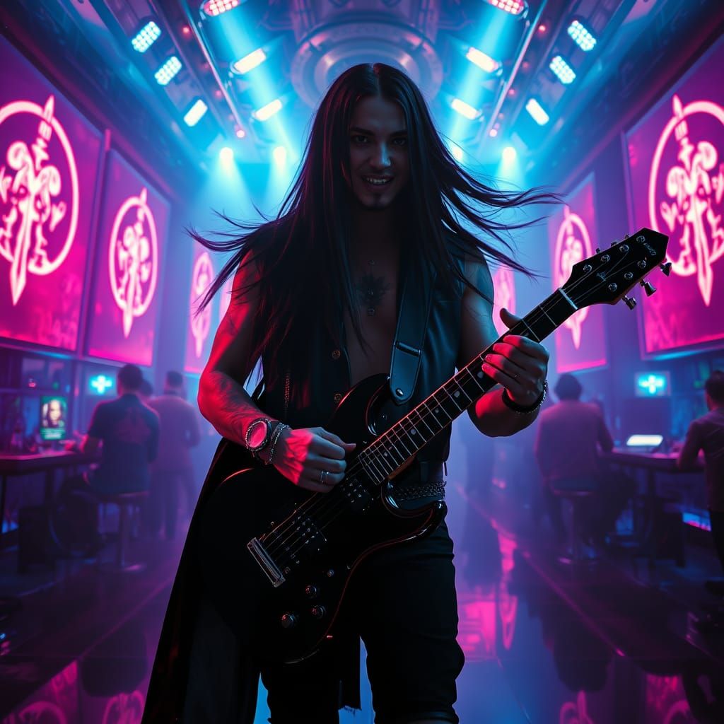 Gothic Rockstar in Cyberpunk Nightclub