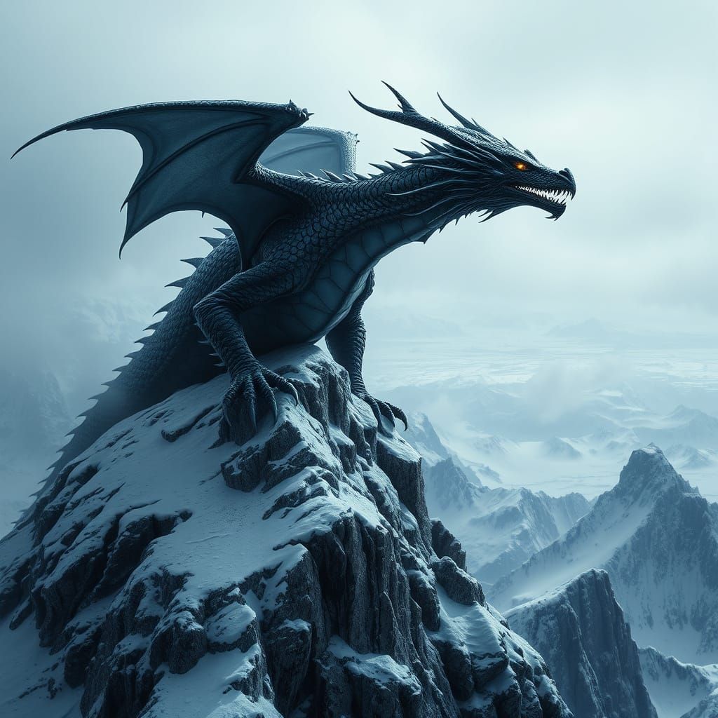 Ethereal Obsidian Dragon Reigns Over Snowy Mountain Peak