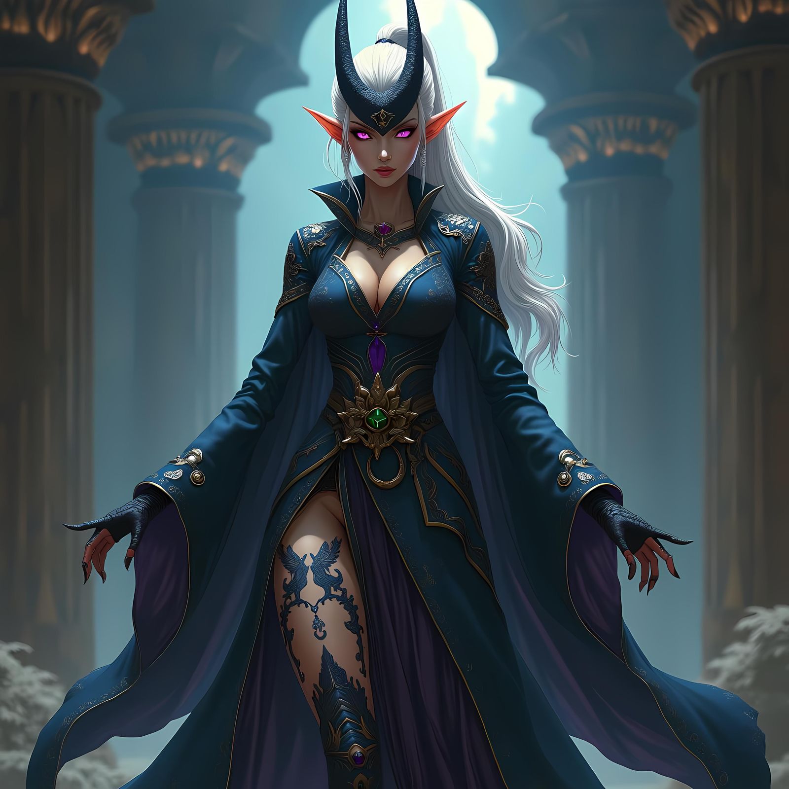 Dragon-like Dark Elf Sorceress in Anime Style