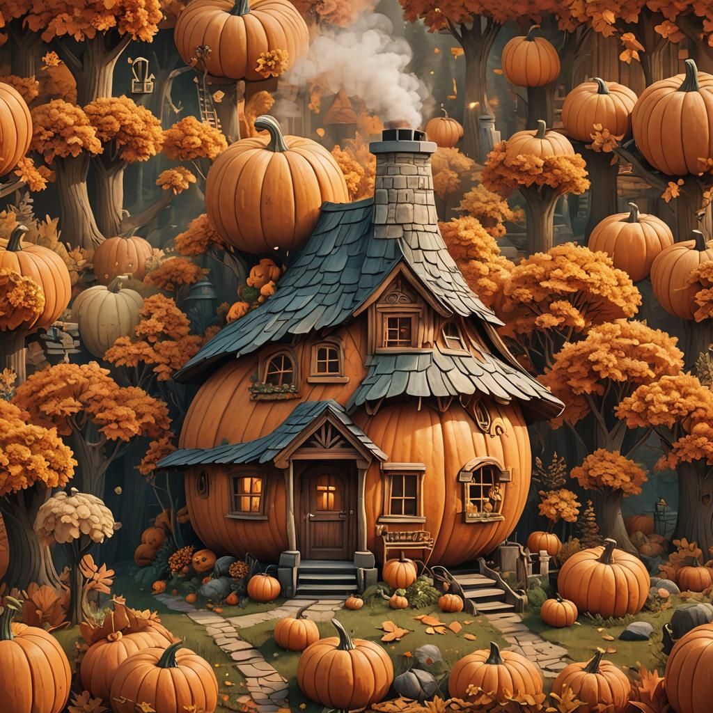 Pumpkin Cabin: Whimsical Folk Art in Autumn
