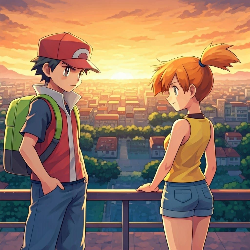 Red and Misty Face Off in Cerulean City Sunset