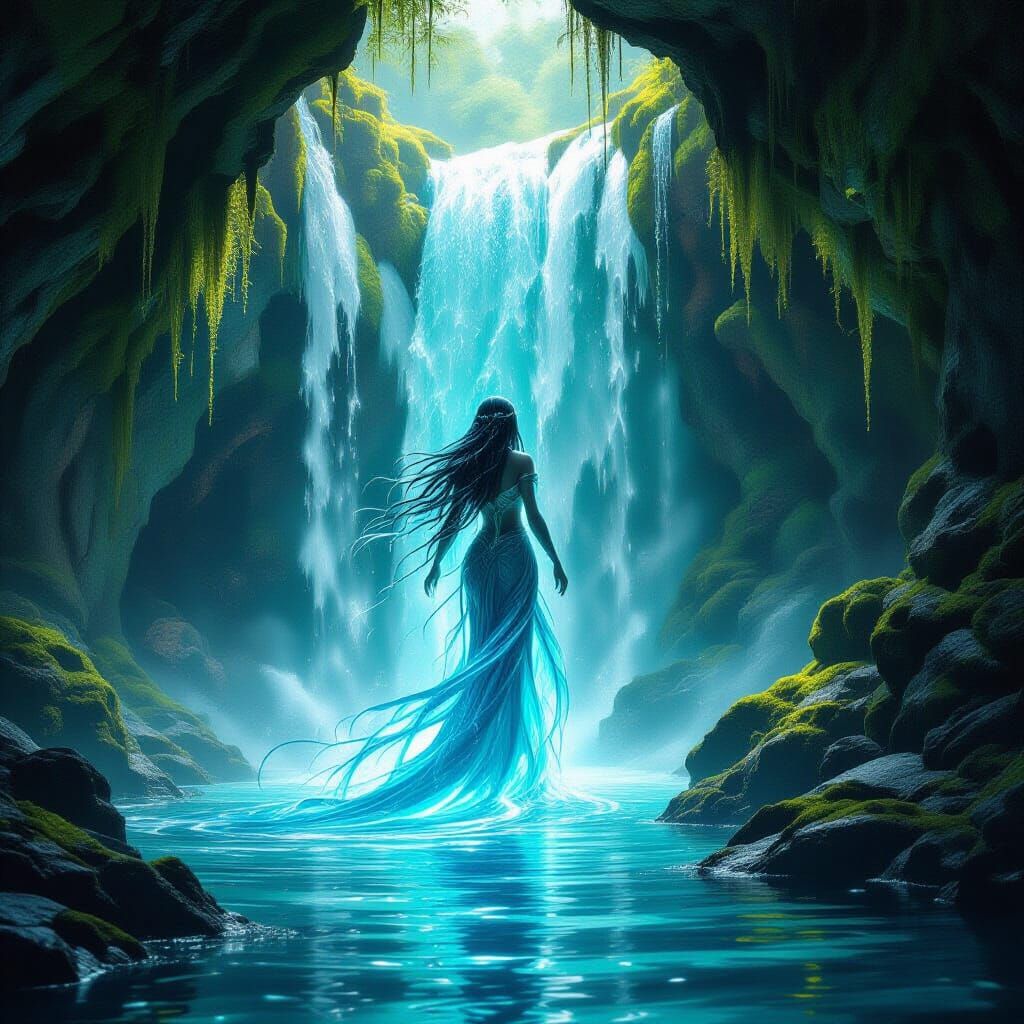 Majestic Water Spirit Emerges from Grotto