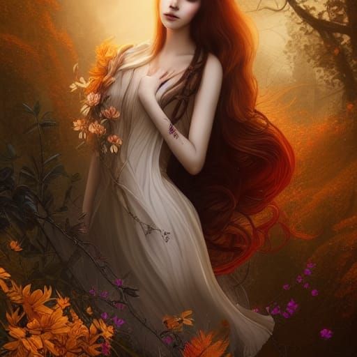 Fantasy Woman with Autumn Floral Hair, Digital Painting