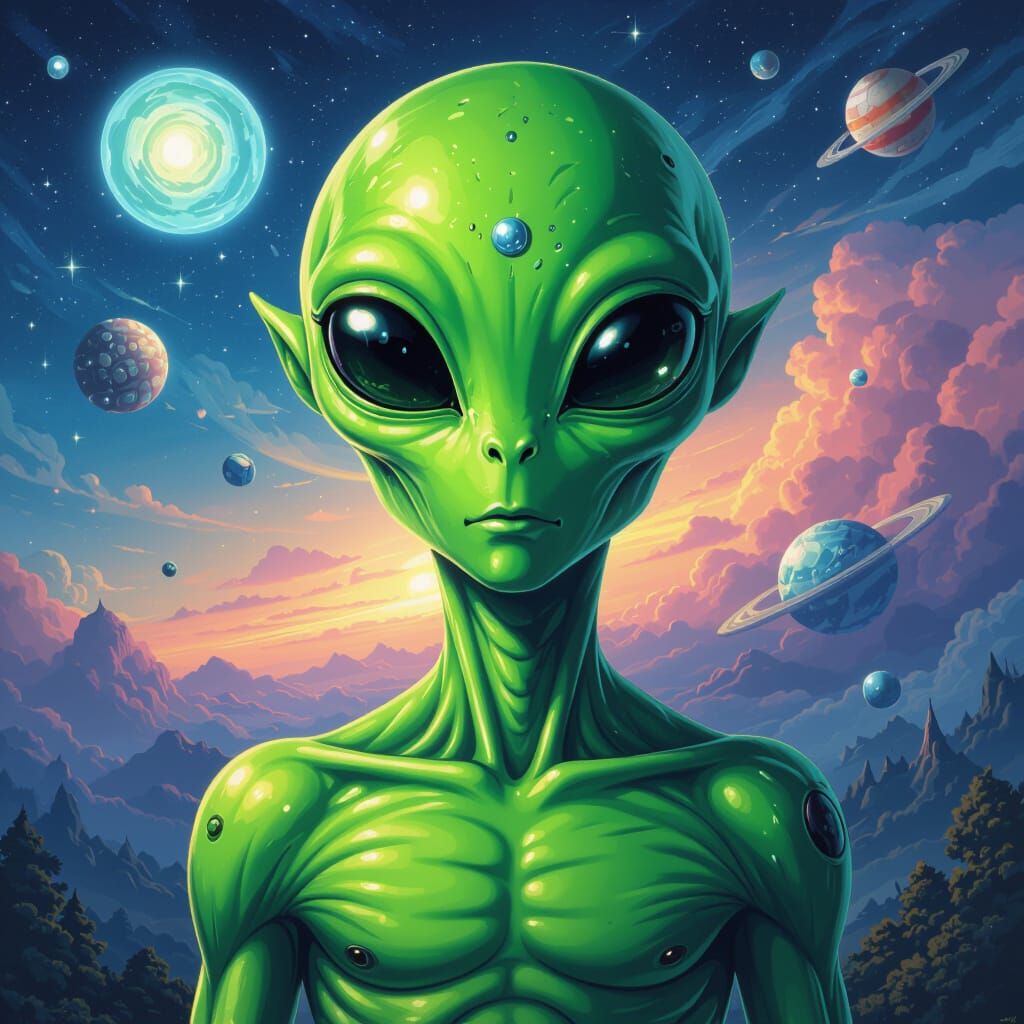 Green Alien in Studio Ghibli Cosmic Style