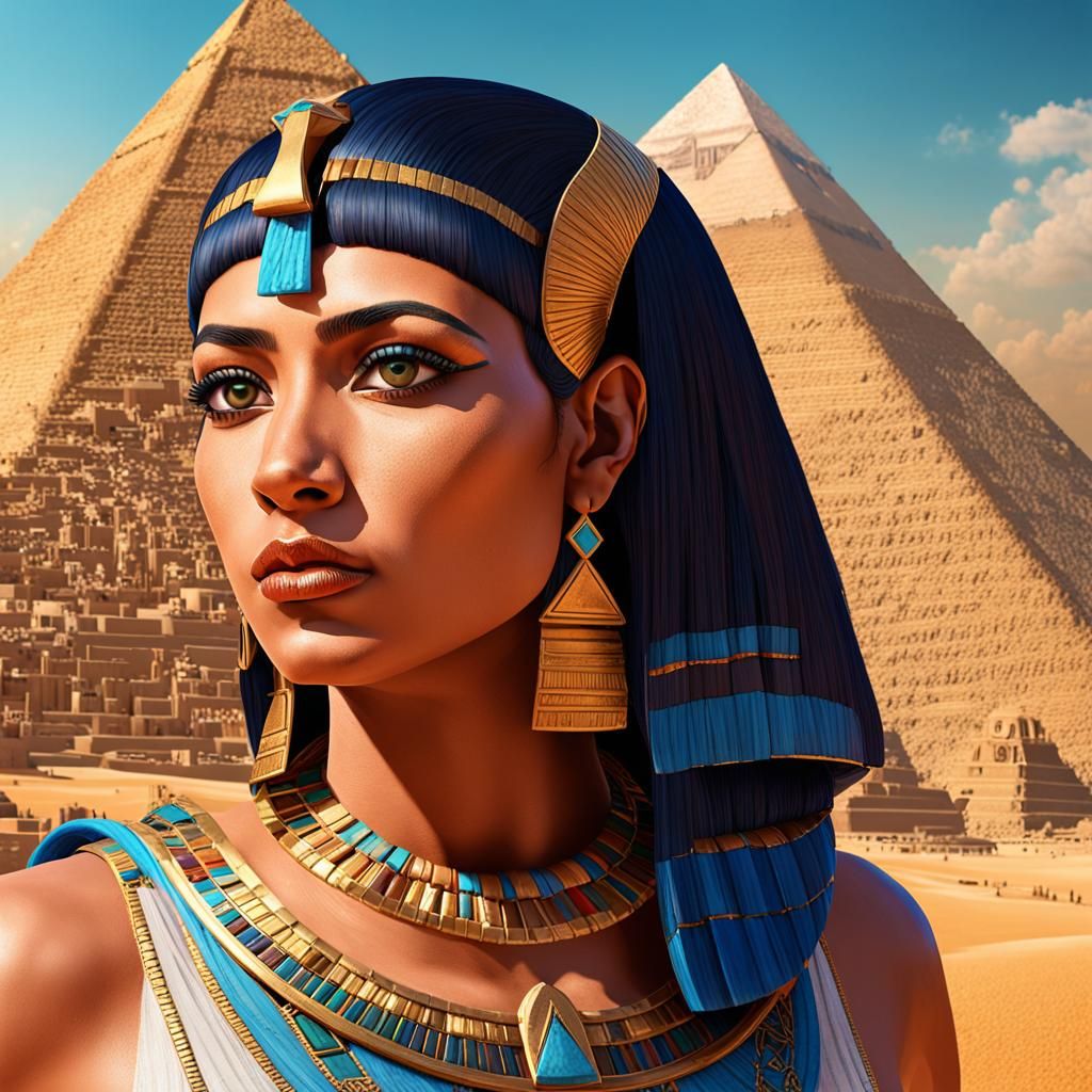 Hyperrealistic Portrait of Cleopatra with Pyramids