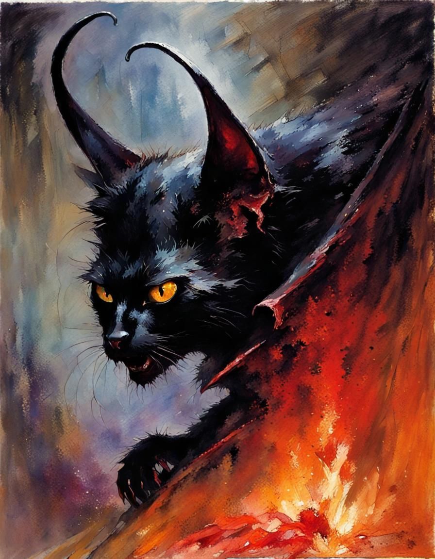 Demonic Black Cat with Bat Ears