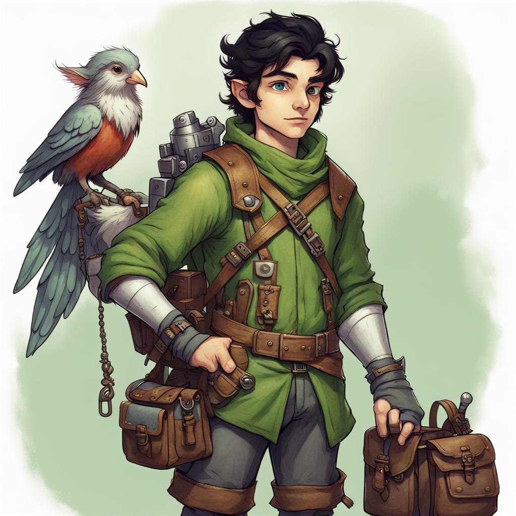 Gnome Tinkerer with Mechanical Bird in Fantasy Armor