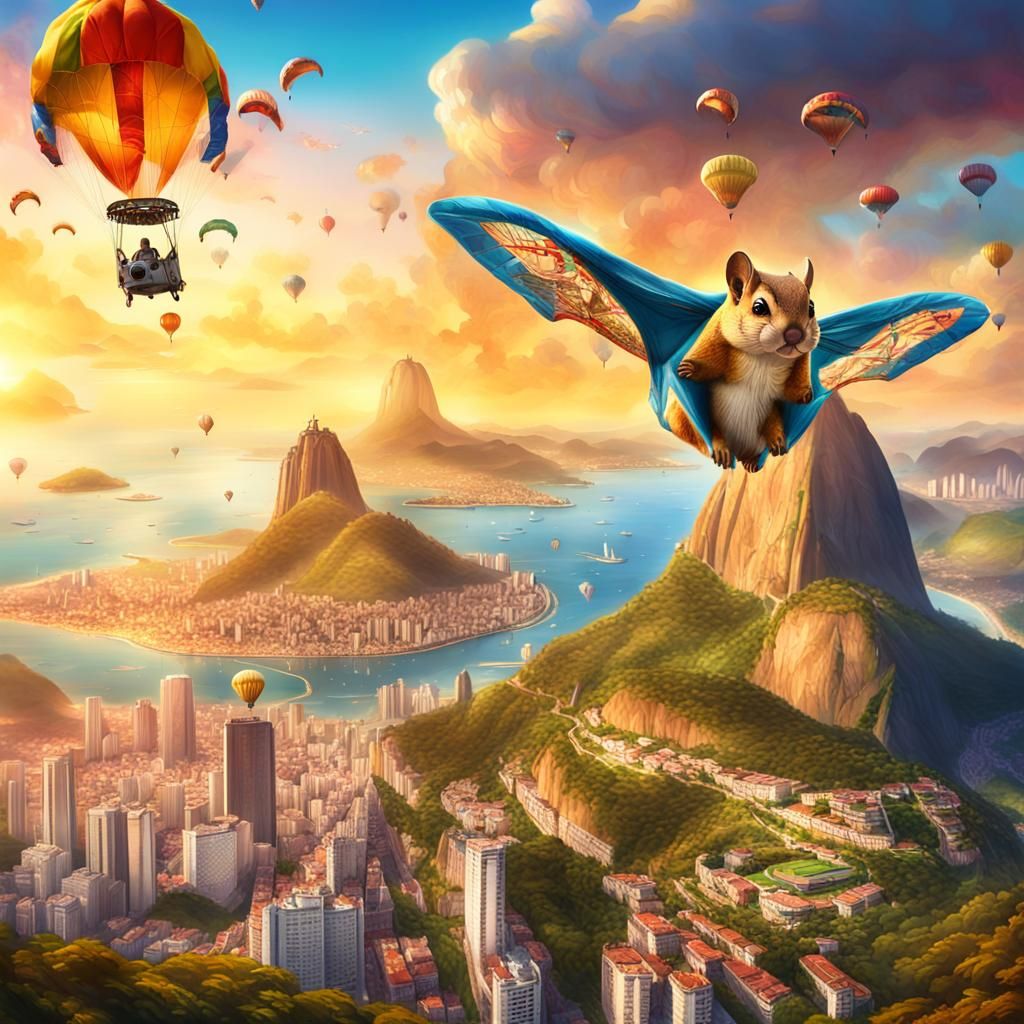 Flying Squirrel Parachute Jump in Rio: Hyperrealistic Art