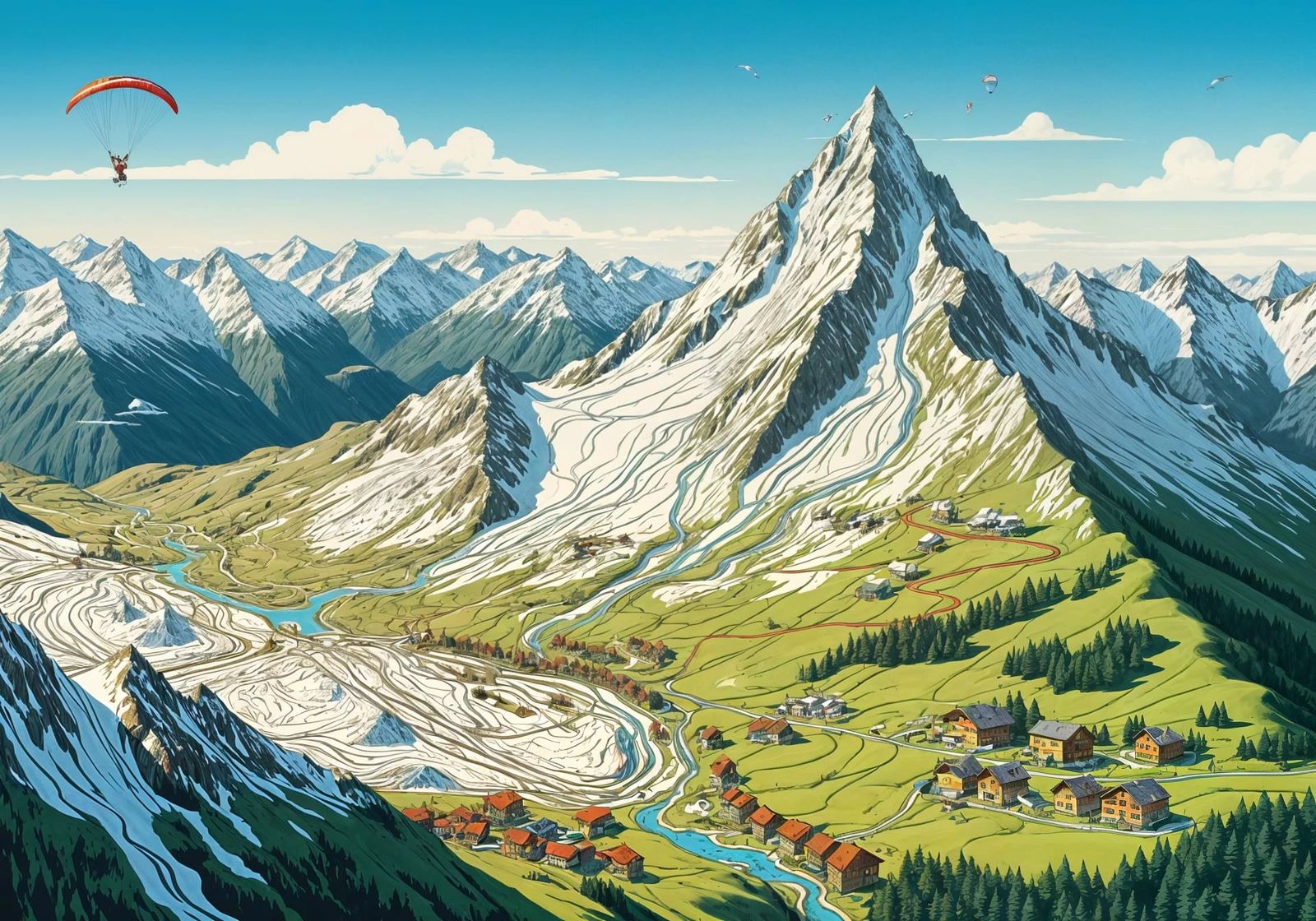 Living Topographic Map of Swiss Alps in Vintage Poster Style