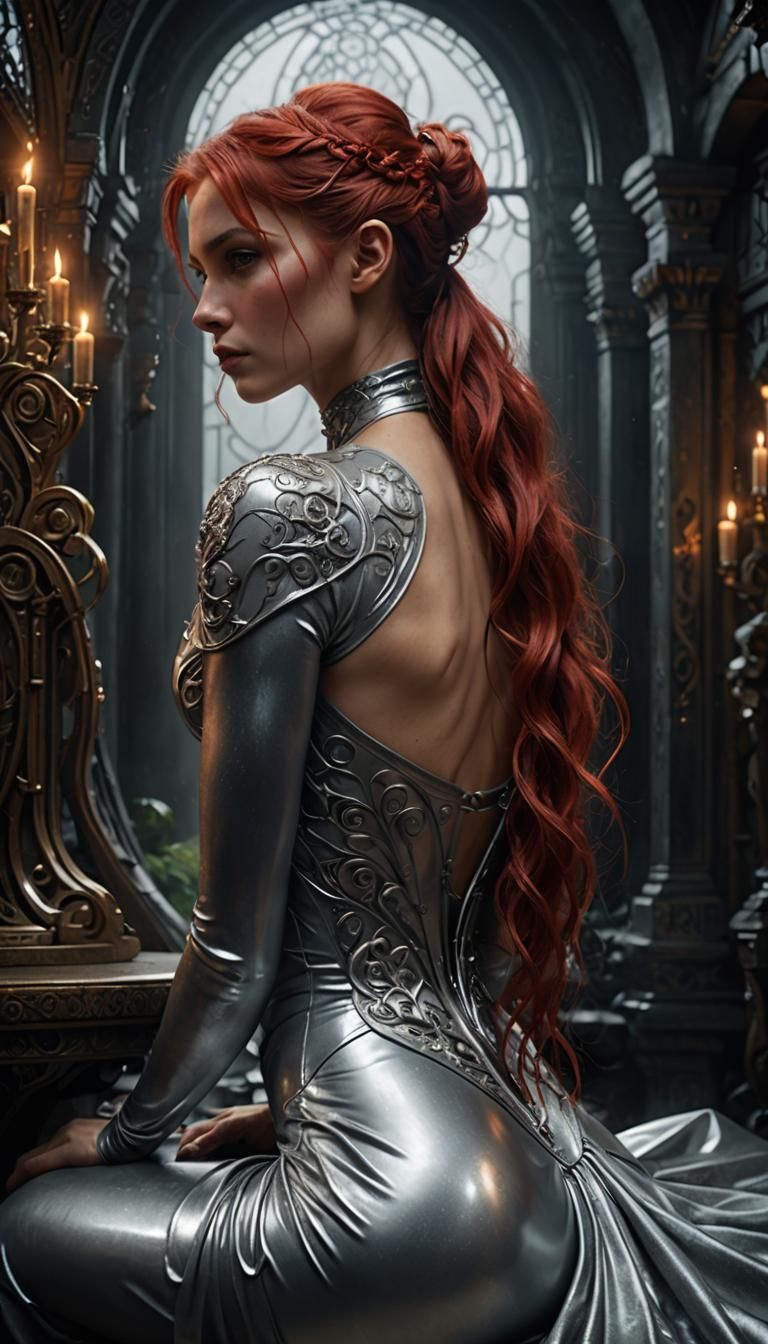 Mystical Woman with Red Ponytail in Art Nouveau Style