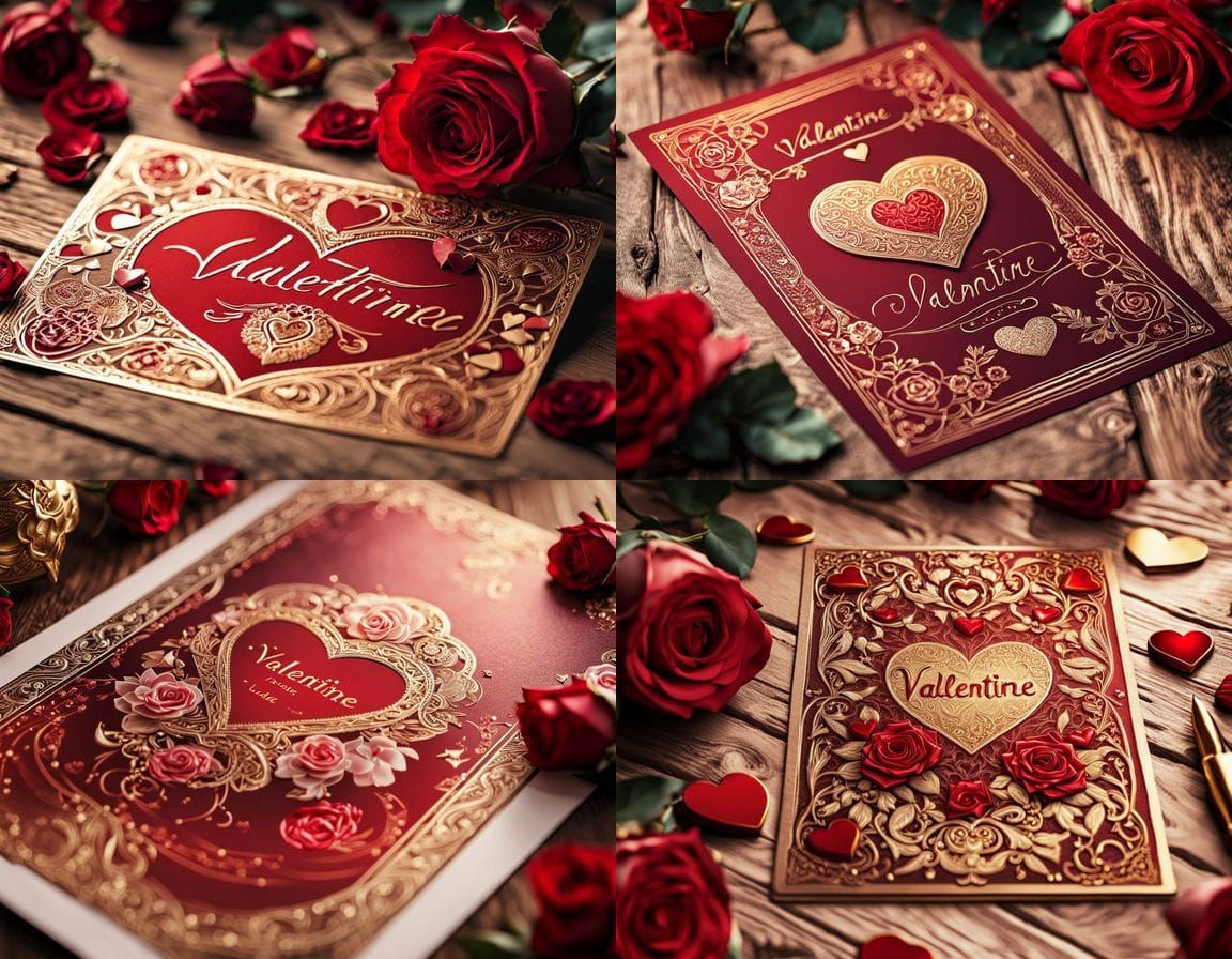 Romantic Postcard Masterpiece with Golden Roses and Hearts