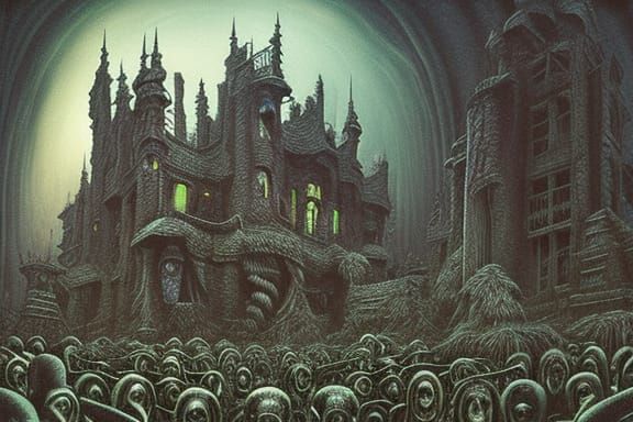 Haunted Labyrinth House: A Beksinski-Inspired Horror Artwork