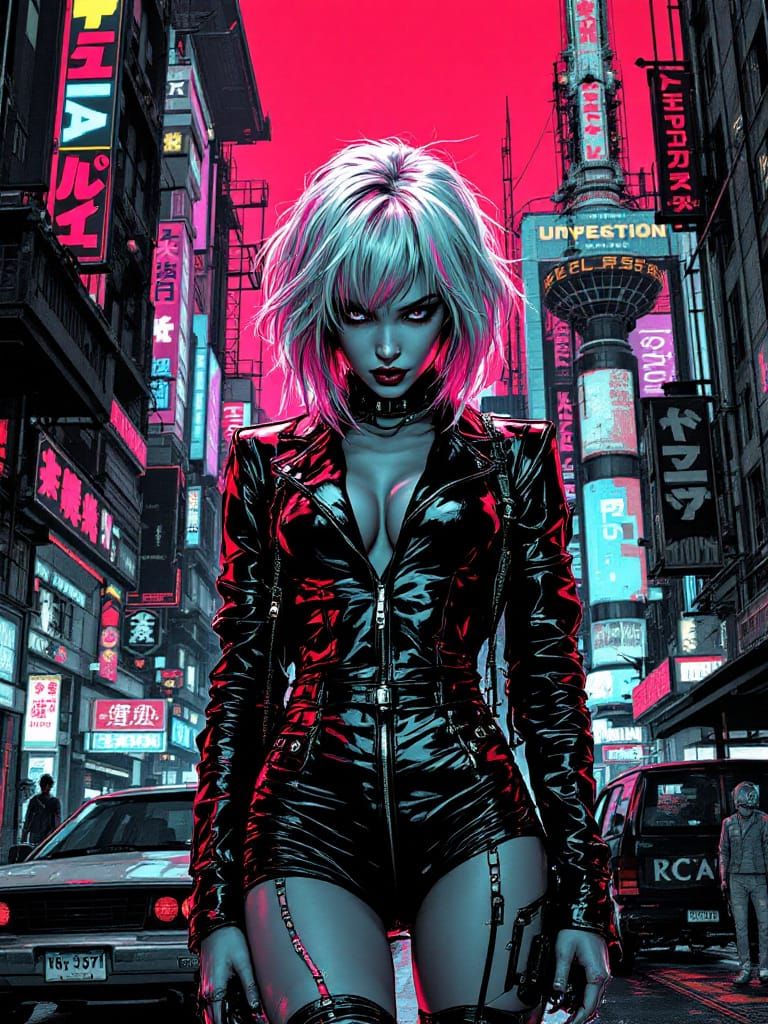 Cyberpunk Pin-Up Woman in Gritty Cityscape