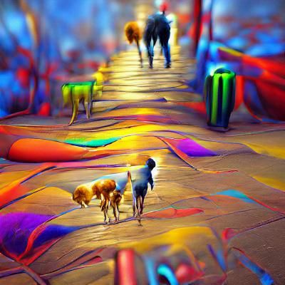 Abstract 3D Dogs Walking Humans in Colorful Surrealism