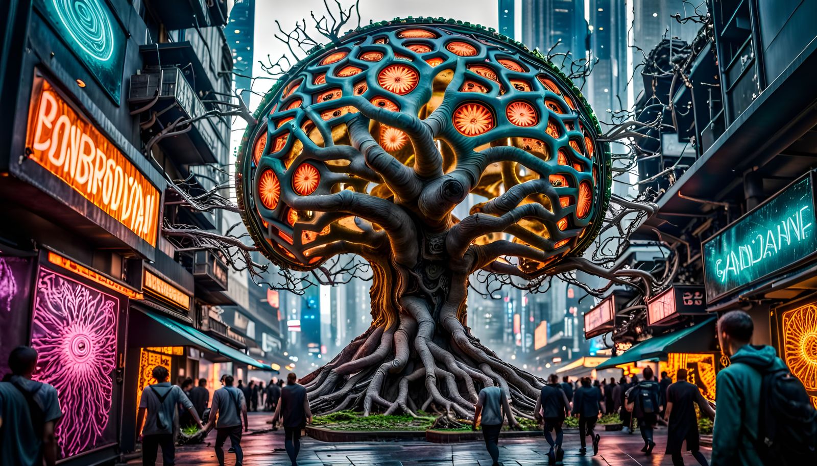 Cyberpunk Tree of Life City Under Zombie Attack