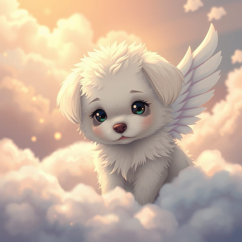 Whimsical Angel Puppy in a Dreamlike Environment