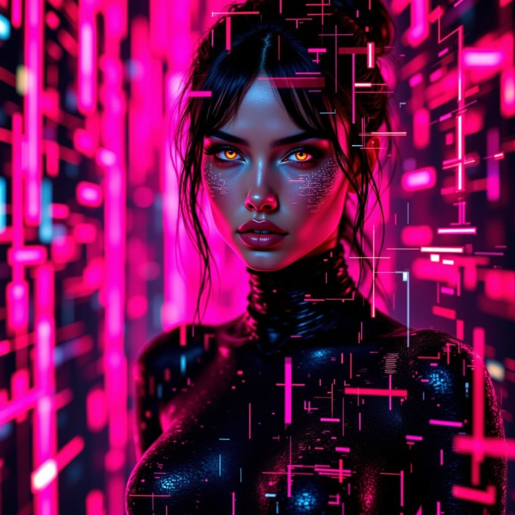 Cyberpunk Model Posing with Glitch Art Background