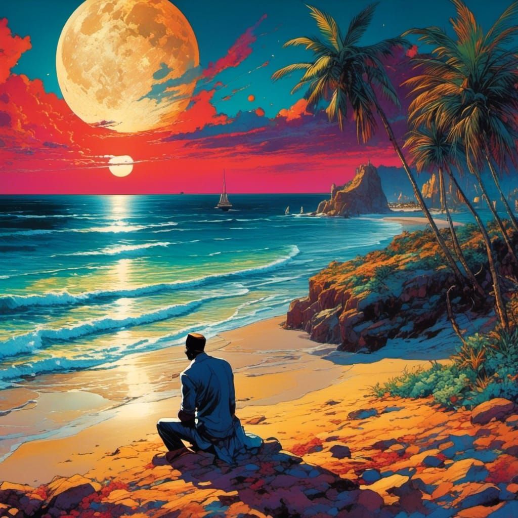 Man on Beach at Night in Comic Book Style