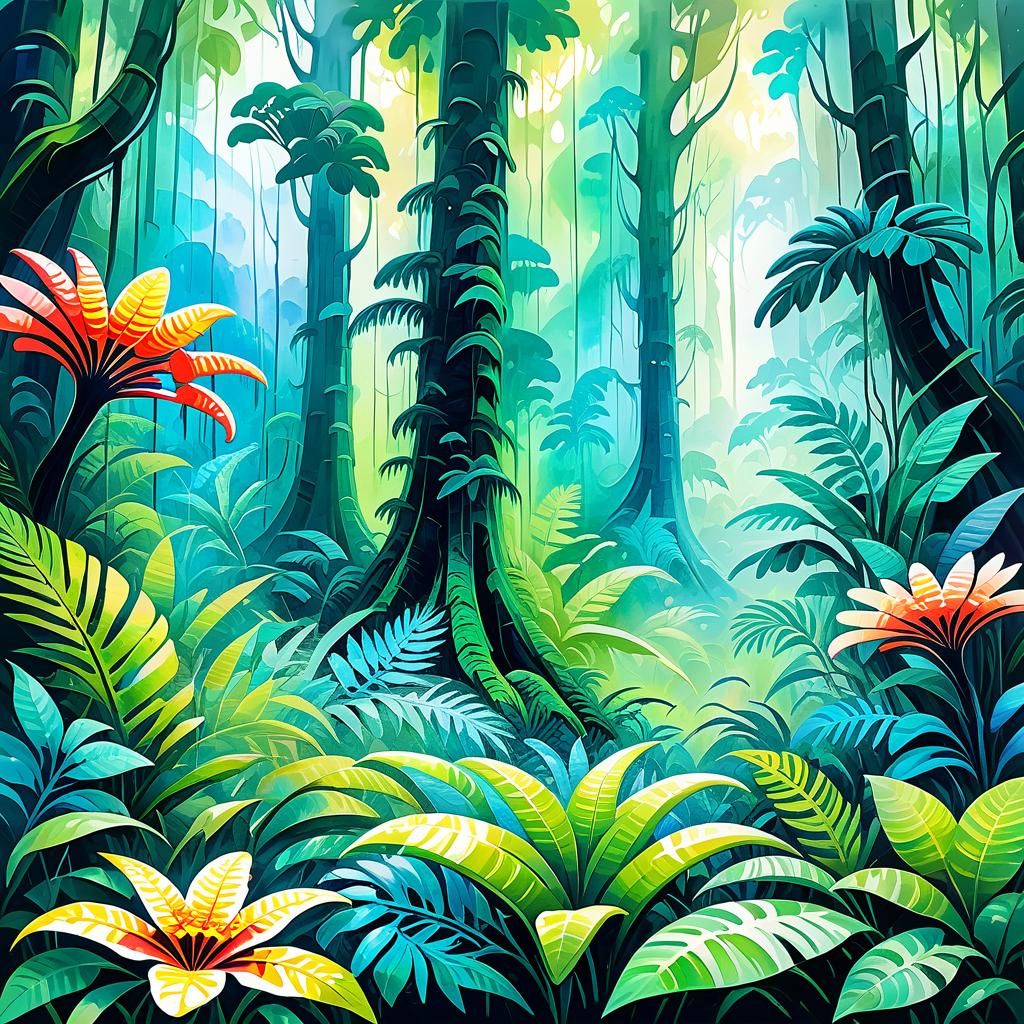 Lush Rainforest in Gouache Impressionist Style
