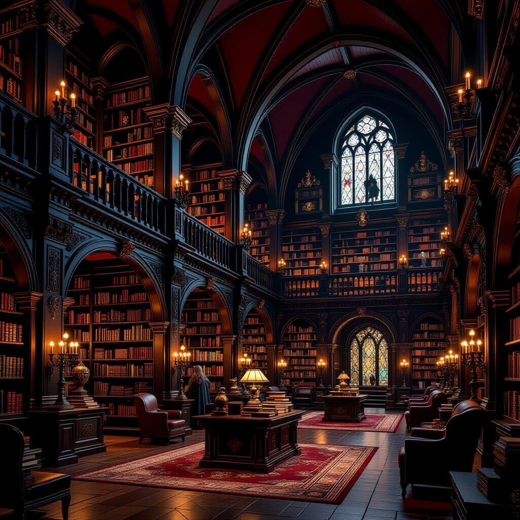 Mystical Library with Magical Creatures in Gothic Style