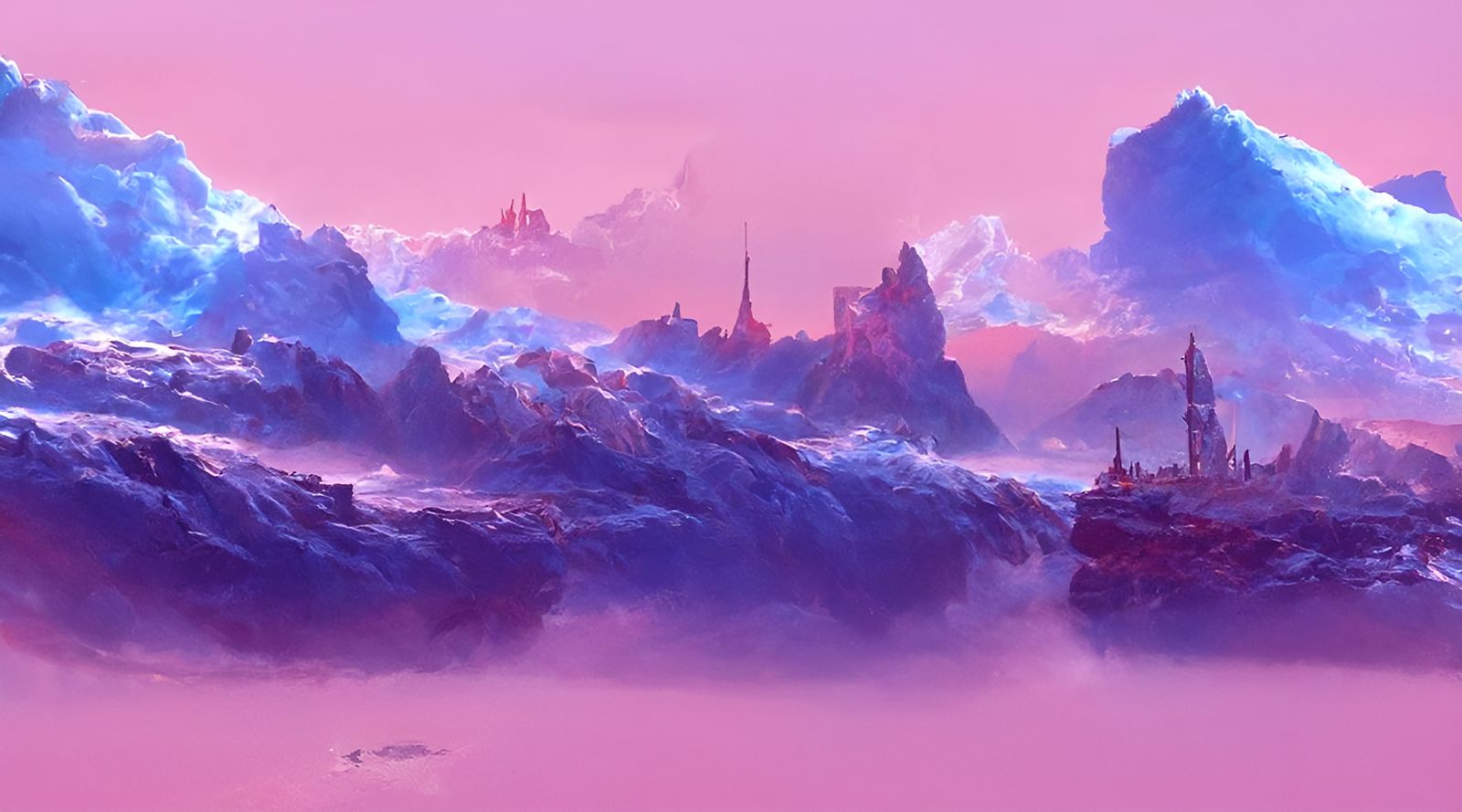 Castle and Vaporwave Ocean Shore, Digital Matte Painting
