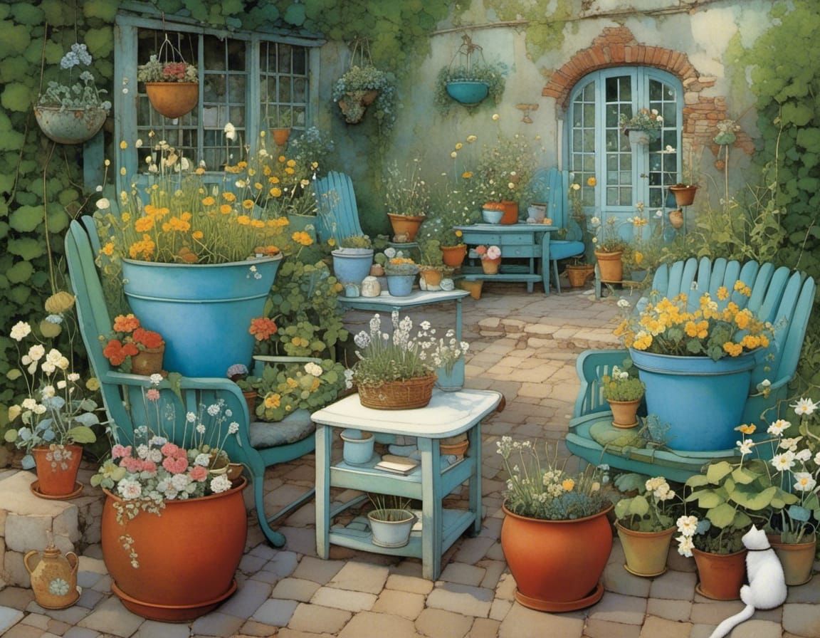 Blooming Garden Seating Area in Storybook Style